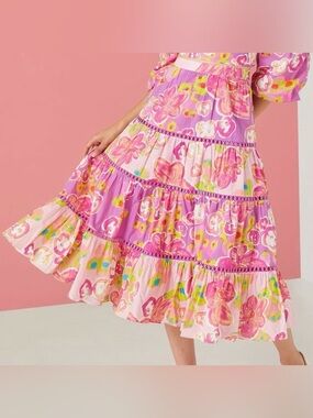 ALIVIA Caroline Floral Tiered Midi Skirt Colorful Bright Women's Size Large